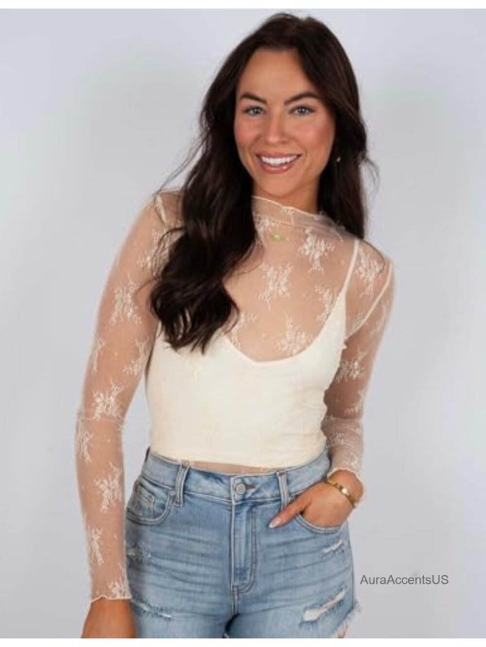 Sheer Mesh Long Sleeve Blouse Mock Neck Lace Top Women Pull-On - Picture 3 of 6